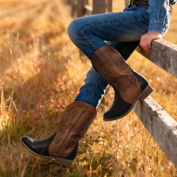 Kids Girls Tan/Brown Cowgirl Western Boots Mid Calf Horse Riding Booties Shoes - Picture 2 of 6